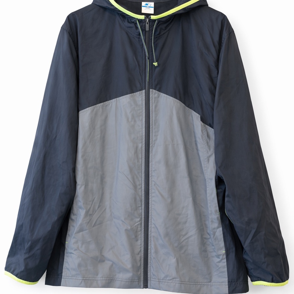 Starter Windbreaker Jacket Mens 2XL Navy Gray Hooded Full Zip Lightweight Coat